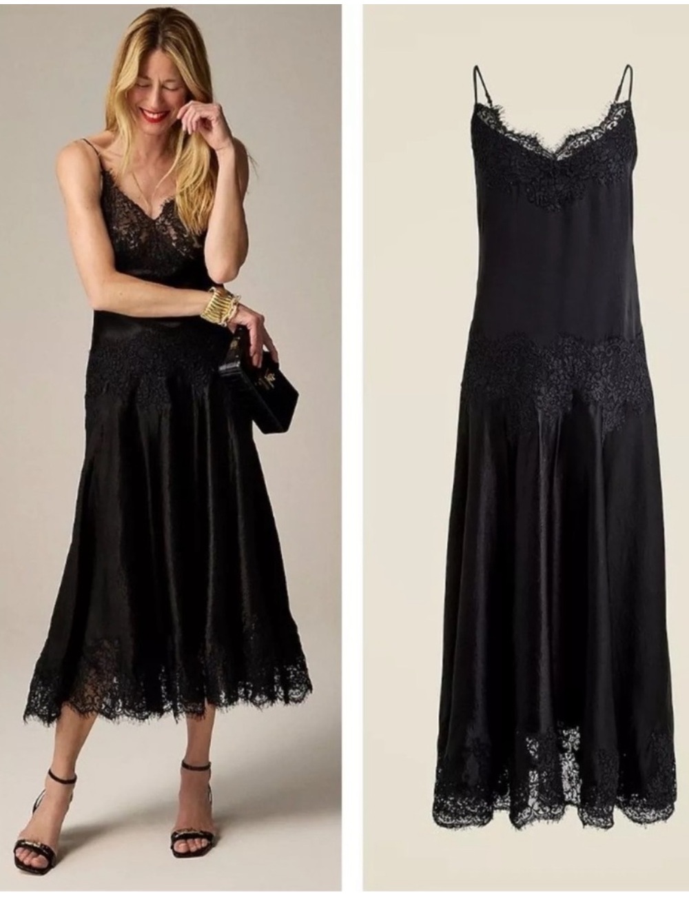J. Crew Collection Black Lace-Trim Slip Dress in Textured Satin